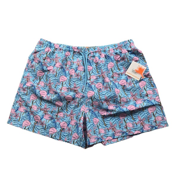 Happy Hour Swim Other - Happy‎ Hour Swim Trunks Mens 2XL Blue Pink Flamingo Tropical Cypress NEW